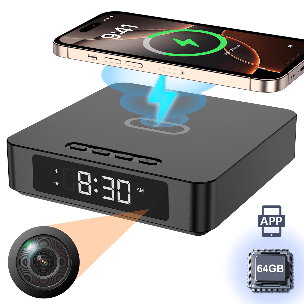 WiFi Wireless Charging Alarm Clock with Hidden Camera