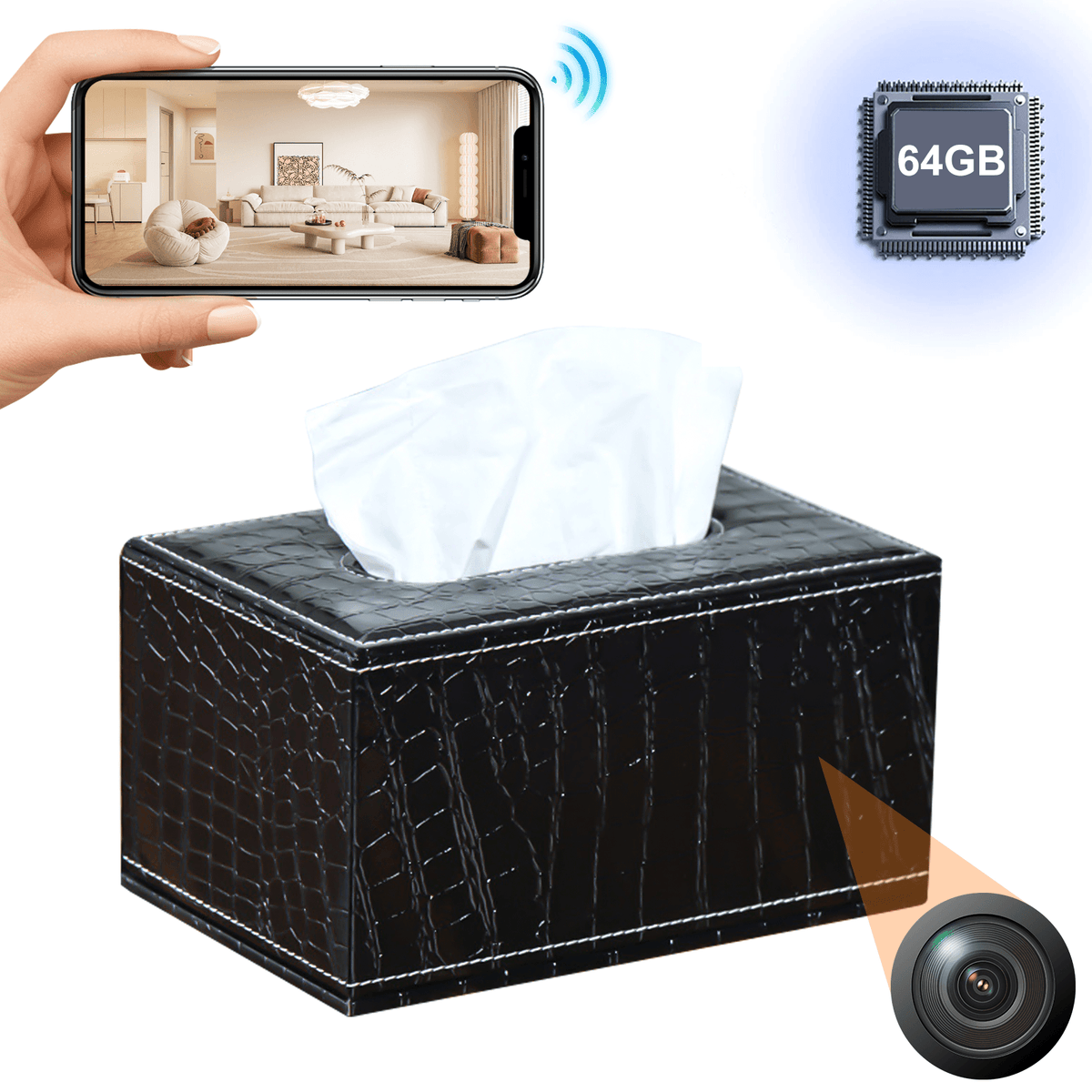 Stylish Leather Tissue Box WiFi Hidden Camera