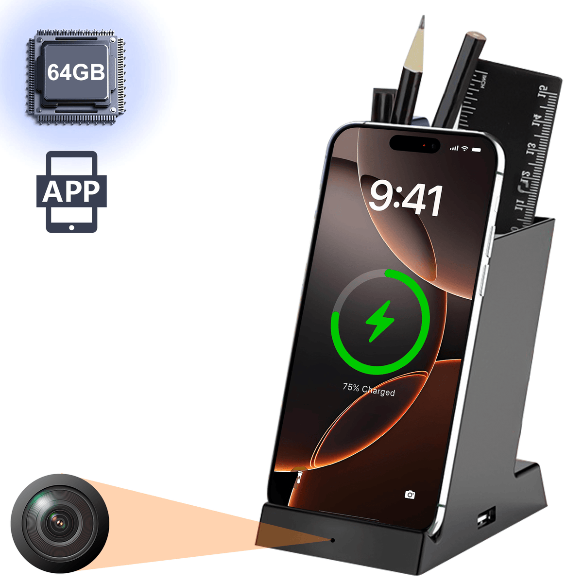 Wireless Phone Charger & Pen Holder WiFi Hidden Camera